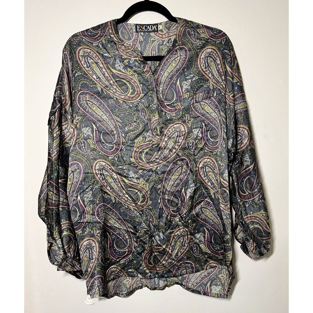 Vintage Escada 100% Silk Blouse Women's Size 36 Gray Paisley Long Sleeve Button